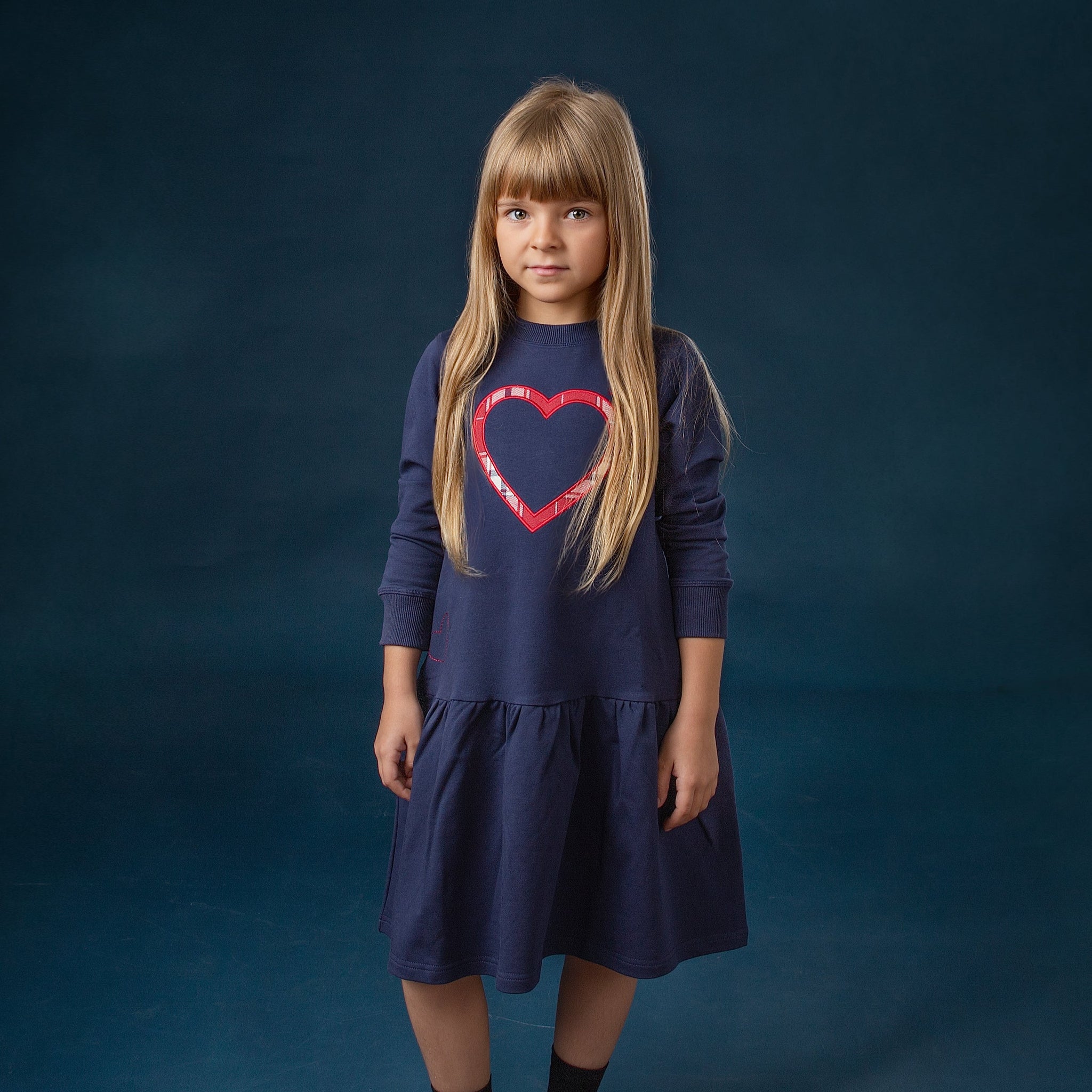 navy blue dress with red hearts Avec Les Filles Women's Heart Patch Applique Mini Dress - Rinse Wash