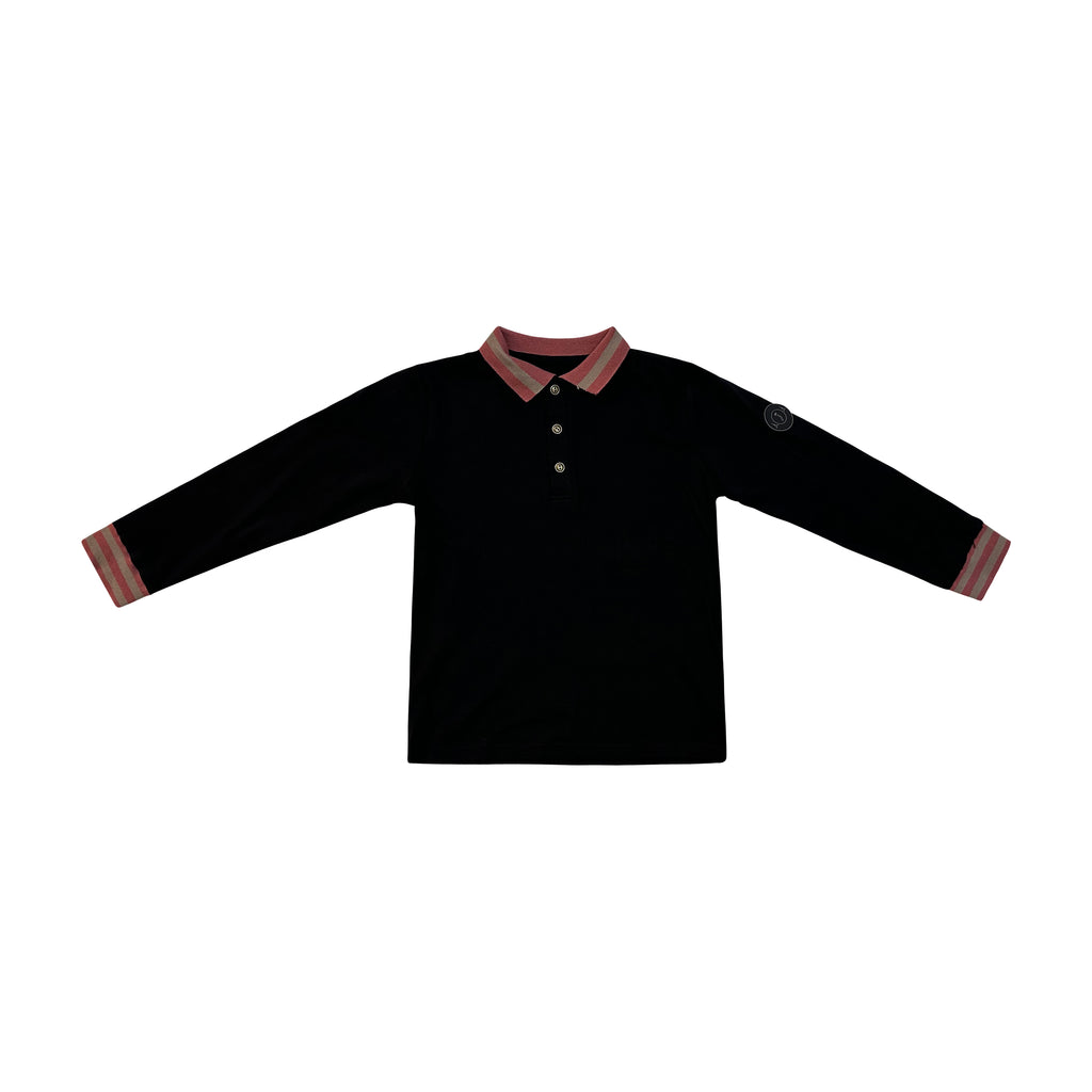 STRIPED_RIBBED_TRIM_POLO_SHIRT_BOYS_TOP_BLACK_WITH_BUTTONS